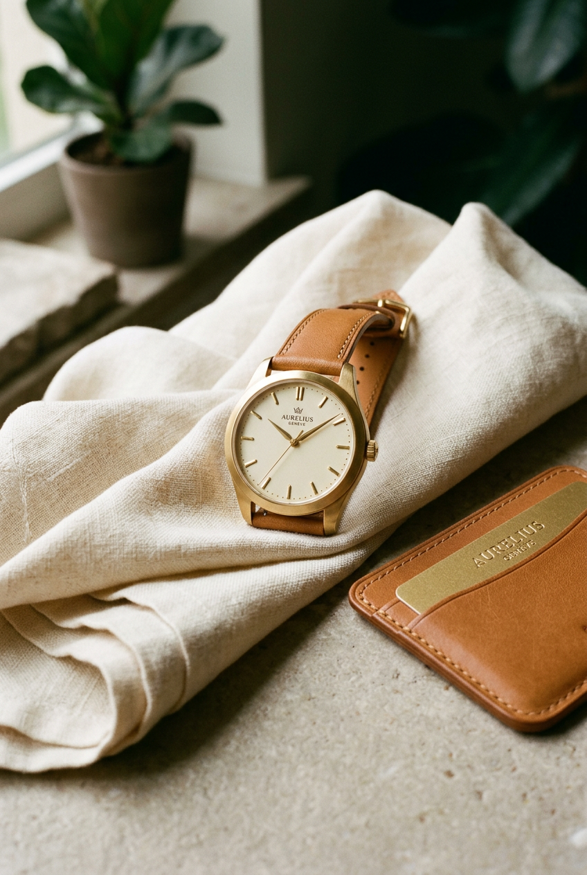 Gold-cased wristwatch with a tan leather strap resting on ivory linen beside a leather wallet